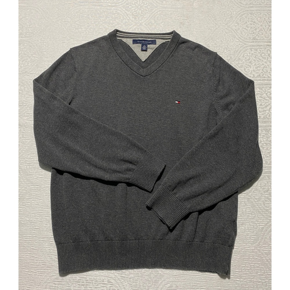 Tommy Hilfiger Mens Gray V-Neck Sweater 100% Cotton Size M Charcoal Long Sleeve